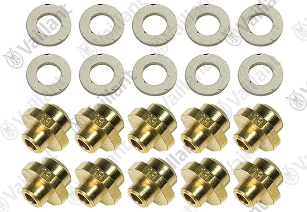 Vaillant Zündbrennerdüsen in Goldfarbe, kombiniert mit passenden Unterlegscheiben, angeordnet in zwei Reihen. Ideal für Heizungs- oder Brennersysteme.